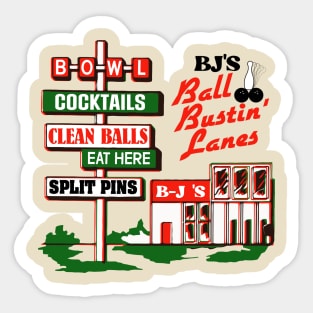 BJ's Ball Bustin' Lanes Retro Roadside Sign Sticker